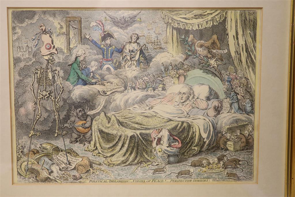 Boehm after Gillray, seven engravings, Caricatures including Political Dreamings, Political Mathematicians and Exhibition of a Dem